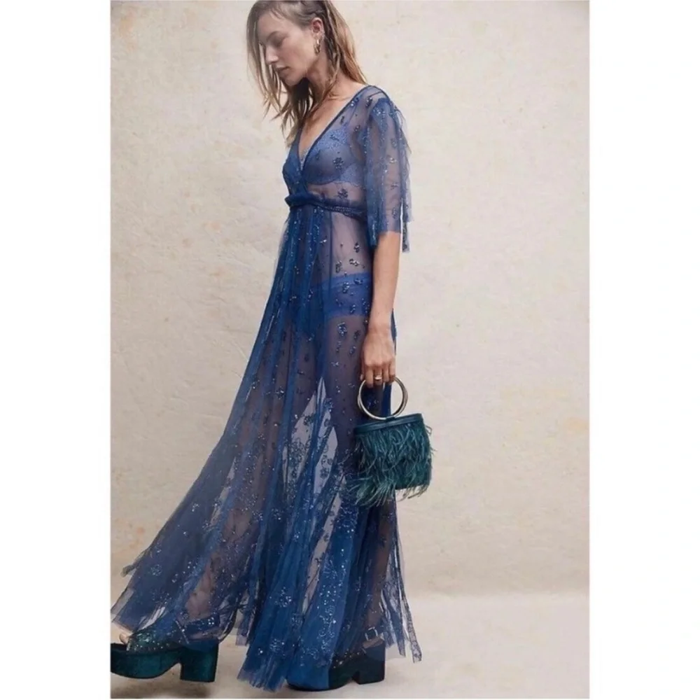 Free People Sheer Embellished Maxi Dress in Deep Blue - Picture 6 of 10